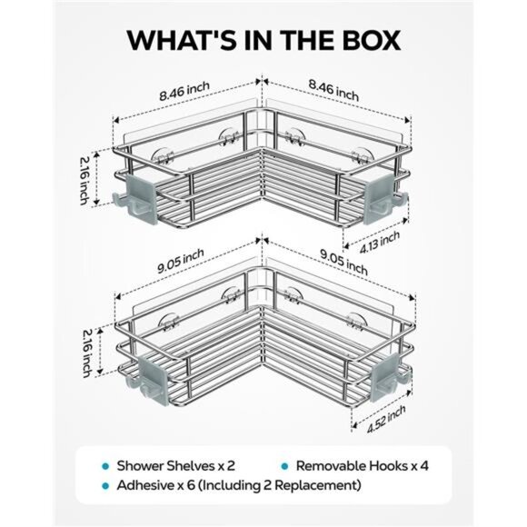 Corner Shower Shelves Stainless Steel, Adhesive Shower Caddy Basket Rack - Picture 2 of 7